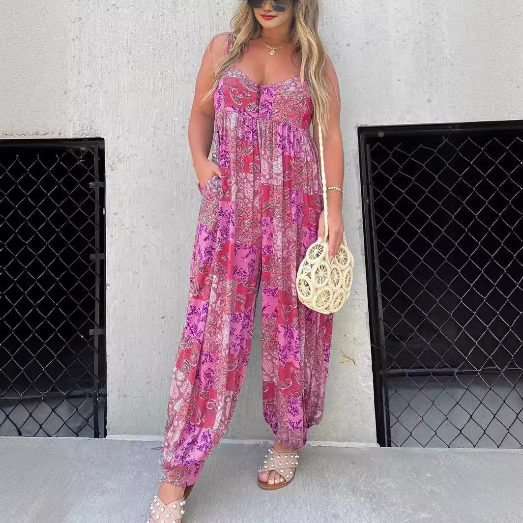 Damen Verspielter Maxijumpsuit mit floralem Muster und praktischen Taschen R&B