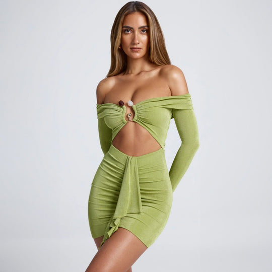 Damen Off-Shoulder Minikleid mit raffiniertem Drapierungsdetail und eleganten Rüschenelementen R&B