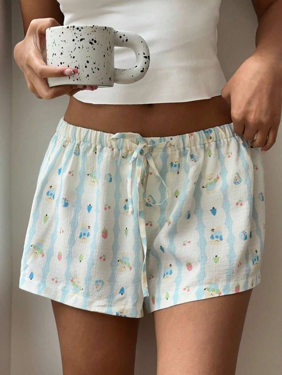 Damen entspannte Kurzpyjamahose mit buntem Druck und elastischem Bund R&B