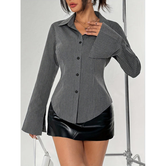 Damen Elegante Hemdbluse mit gestreiftem Design und weit ausgestellten Ärmeln R&B
