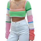 Damen gehäkeltes Crop-Top mit breiten, bunten Ärmeln R&B
