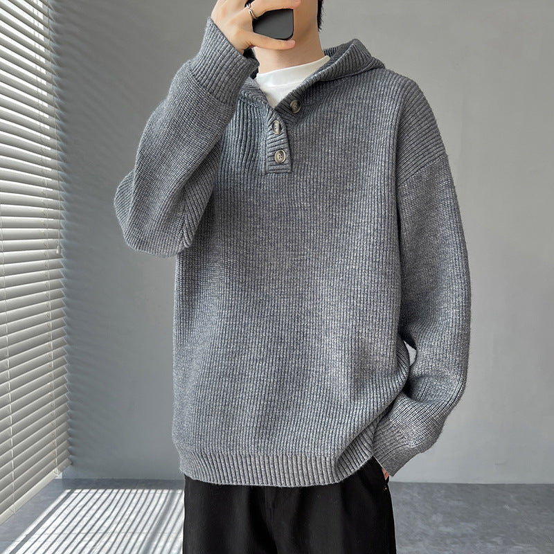 Herren Strickpullover mit Knopfleiste und Kapuze R&B
