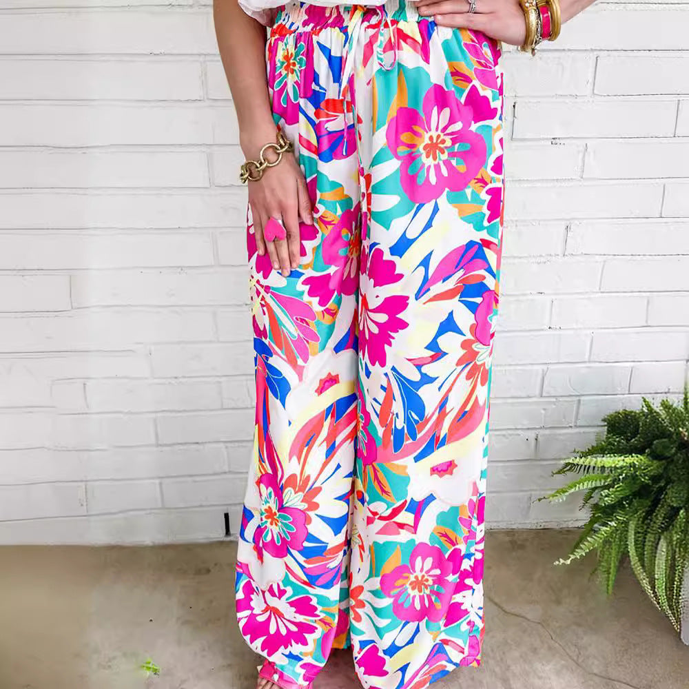 Damen Weit geschnittene Freizeithose mit buntem Blumenmuster und elastischem Bund R&B