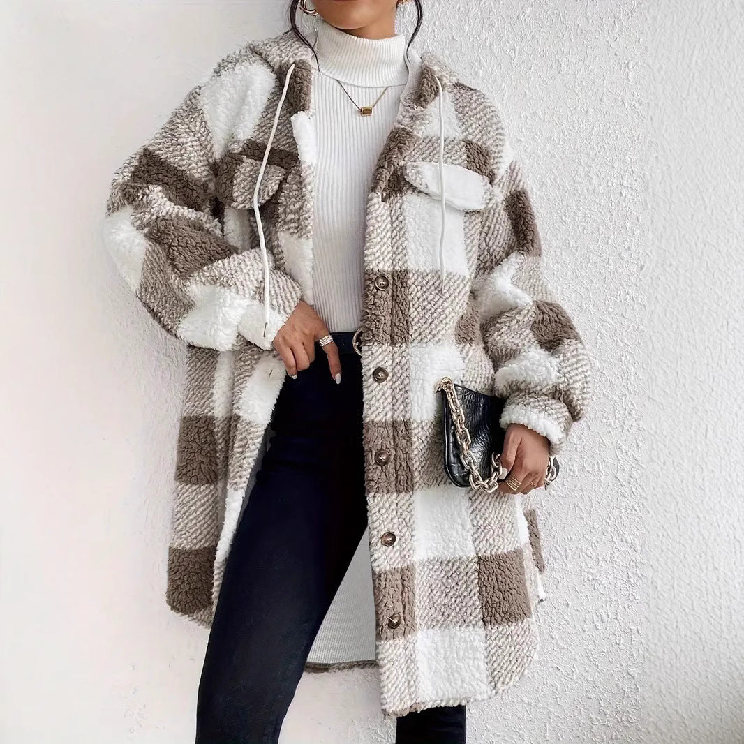Damen Plüschige Karojacke im Oversized-Stil mit Knopfleiste R&B