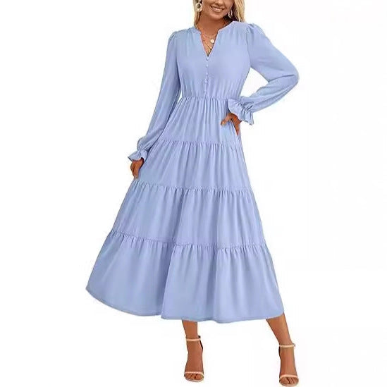 Damen Maxikleid mit knopfverzierter Front und voluminösen Ärmeln R&B