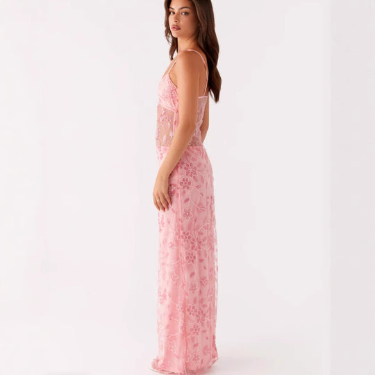 Damen Elegantes Maxikleid mit transparenten Spitzenakzenten und floralen Verzierungen R&B