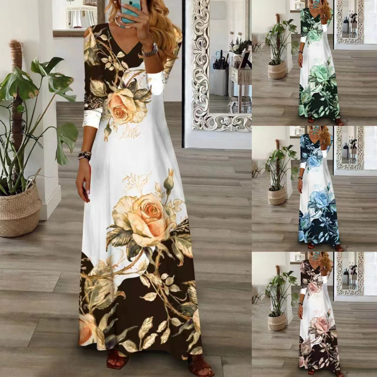 Damen Maxikleid mit floralem Design und V-Ausschnitt R&B