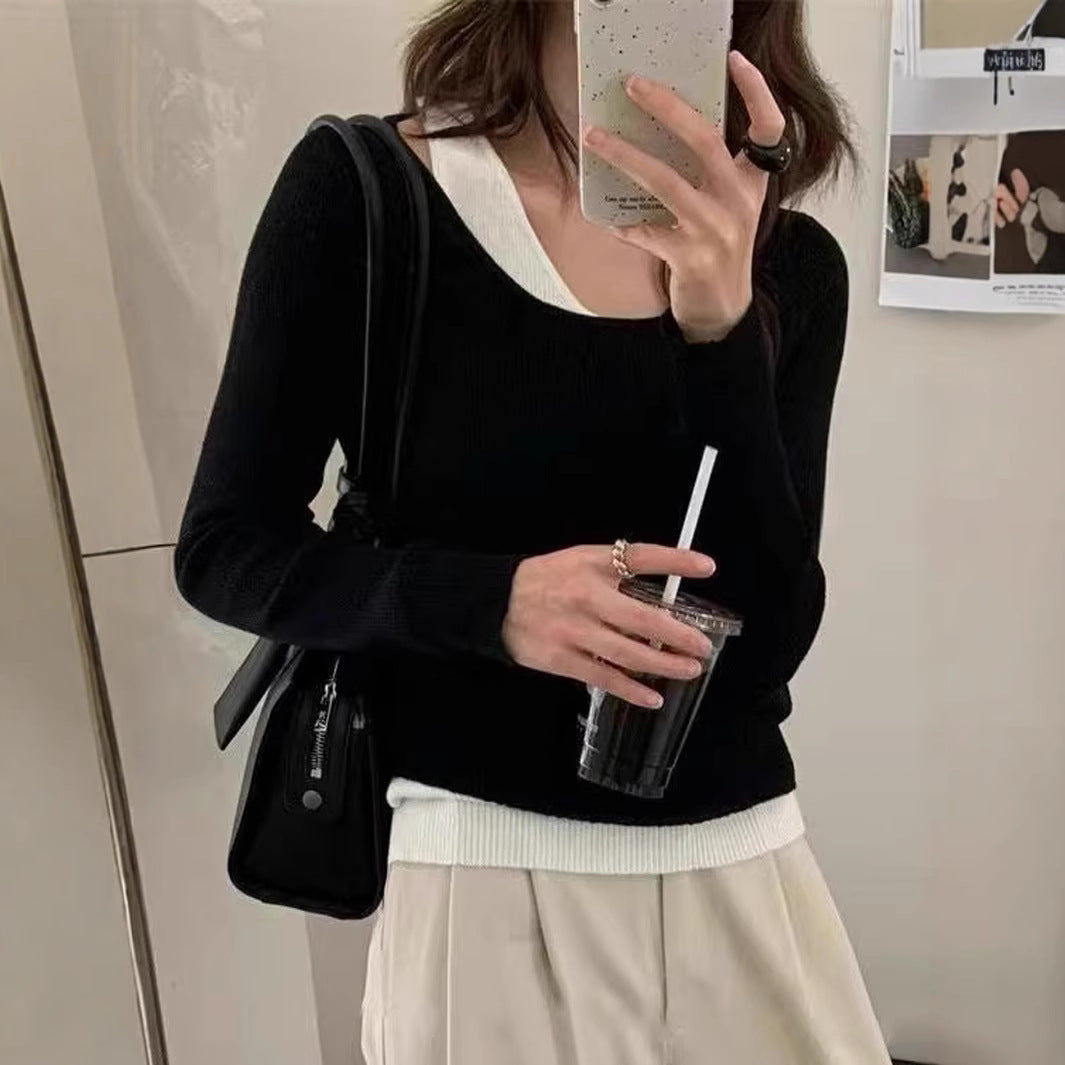 Damen lässiger V-Ausschnitt Strickpullover mit kontrastrierendem Saum R&B