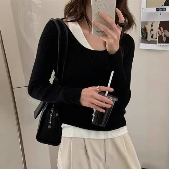 Damen lässiger V-Ausschnitt Strickpullover mit kontrastrierendem Saum R&B
