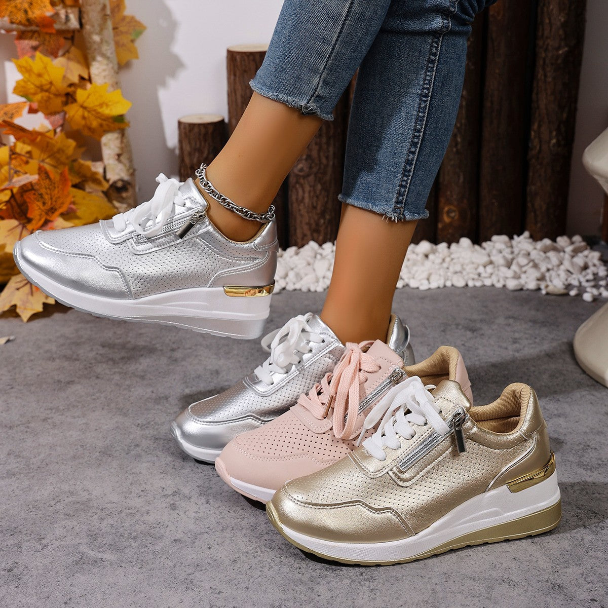 Damen Sneaker mit atmungsaktivem Obermaterial und seitlichem Reißverschluss R&B