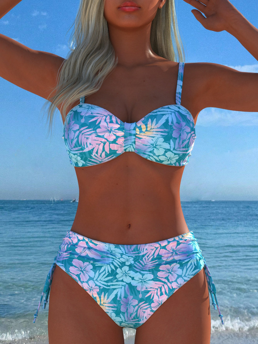 Damen Bikini-Set mit stilvollem Karomuster und goldfarbenen Akzenten R&B