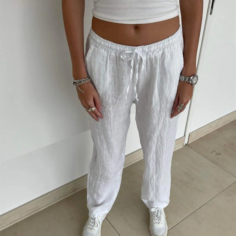 Damen lockere Leinenhose mit elastischem Bund und seitlichen Taschen R&B