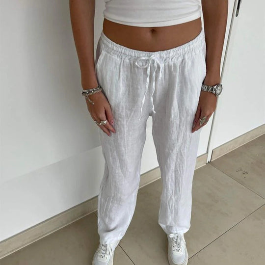 Damen lockere Leinenhose mit elastischem Bund und seitlichen Taschen R&B