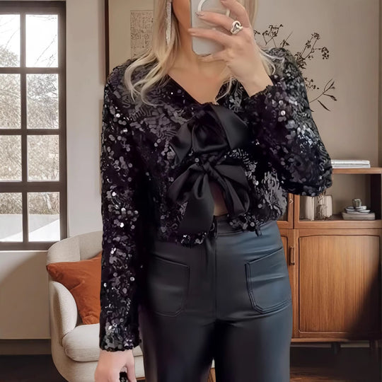 Damen Glitzernde Bluse mit Schleifendetail R&B