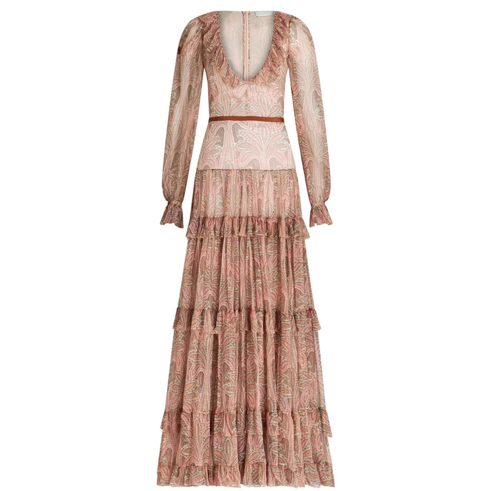 Damen Maxikleid mit rüschenverziertem Gewebe und elegantem V-Ausschnitt R&B