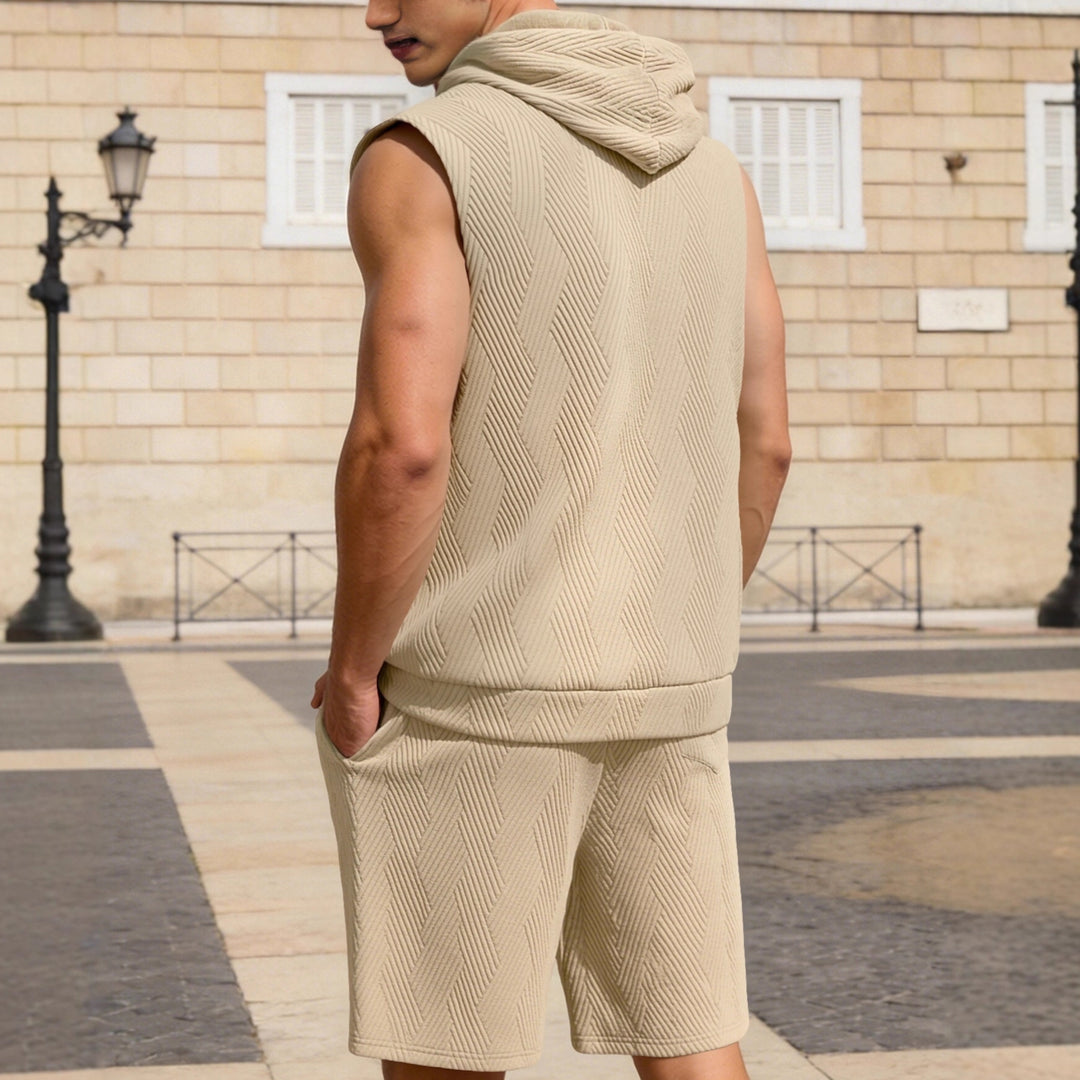 Herren nan ärmelloses Kapuzen-Lounge-Set aus strukturierter Baumwollmischung mit Kängurutasche und elastischer Freizeithose R&B