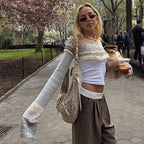 Damen gehäkeltes Crop-Top mit langem Arm und bunten Streifen R&B