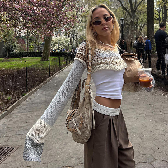 Damen gehäkeltes Crop-Top mit langem Arm und bunten Streifen R&B
