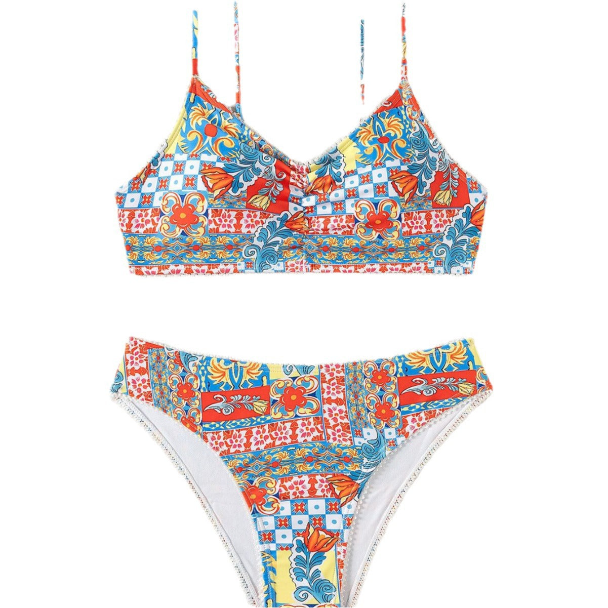 Damen Bikini mit buntem Patchwork-Muster und hohem Bund R&B
