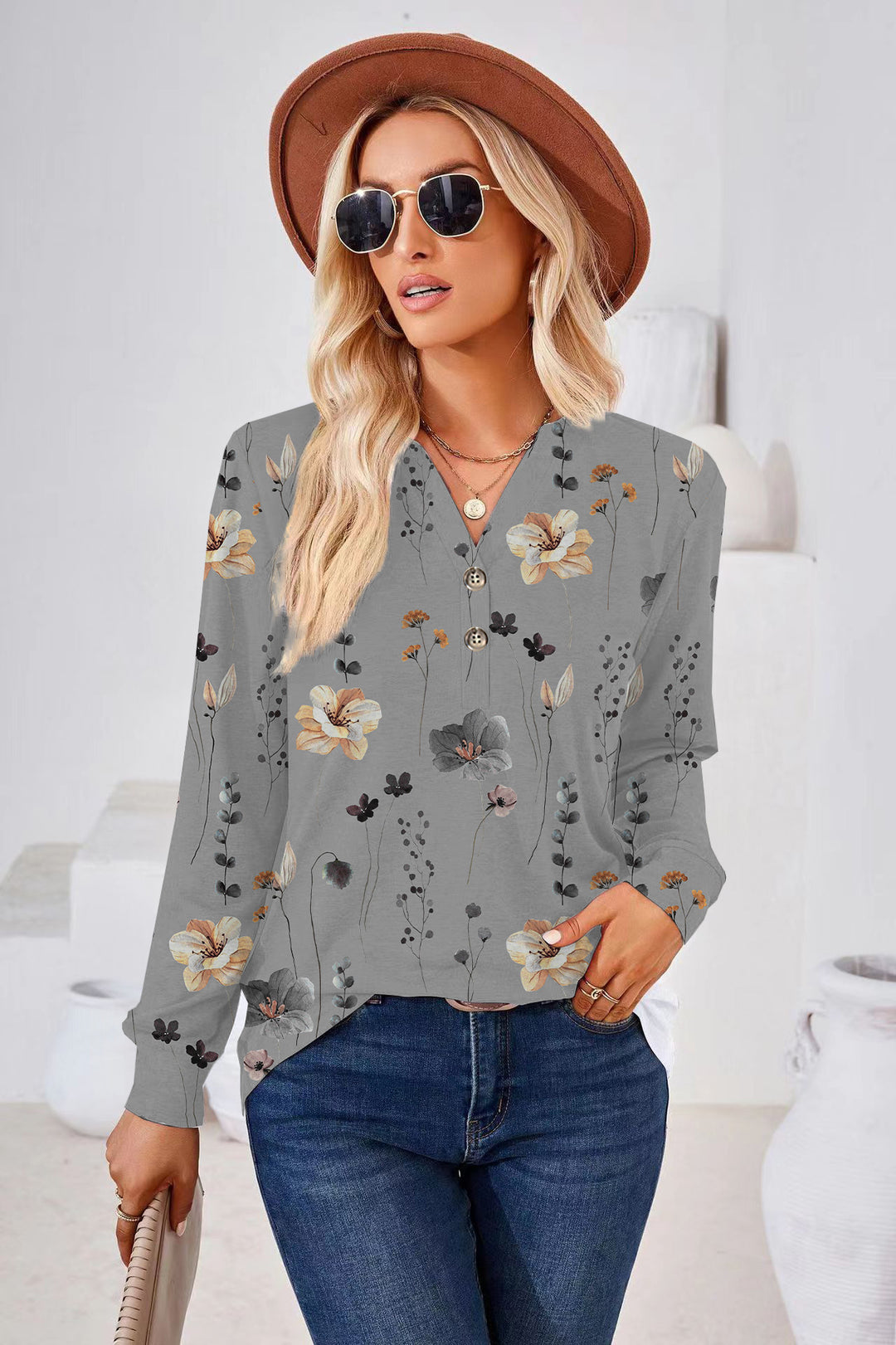 Damen Langarm-Bluse mit floralem Druck und Knopfleiste R&B