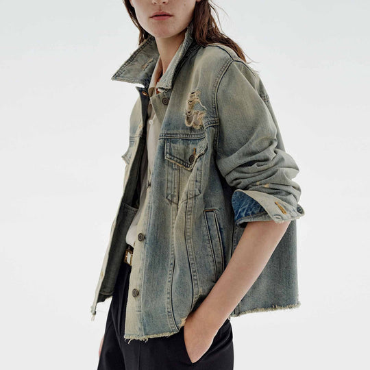 Damen modische Denimjacke im Vintage-Stil mit lässigem Schnitt und fransigen Details R&B