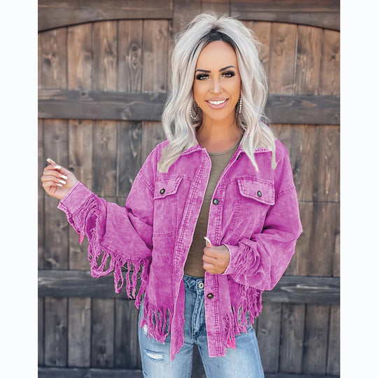 Damen Fransen-Jacke aus Denim im lässigen Oversize-Schnitt R&B