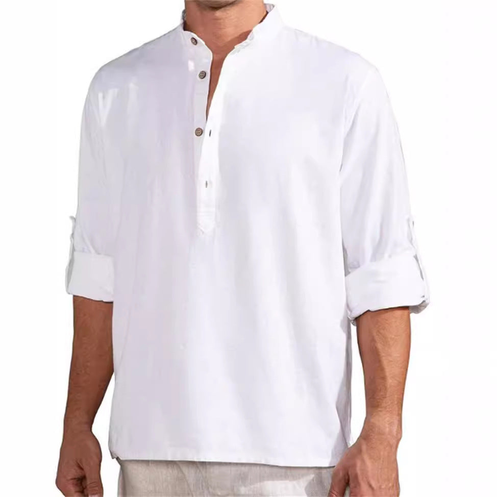 Herren Leinenhemd mit Stehkragen und praktischen Knopfdetails