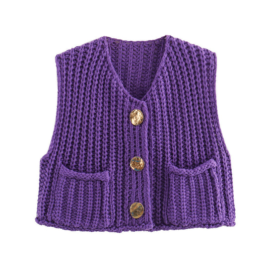 Damen modische Strickweste mit Knopfdetails und aufgesetzten Taschen R&B