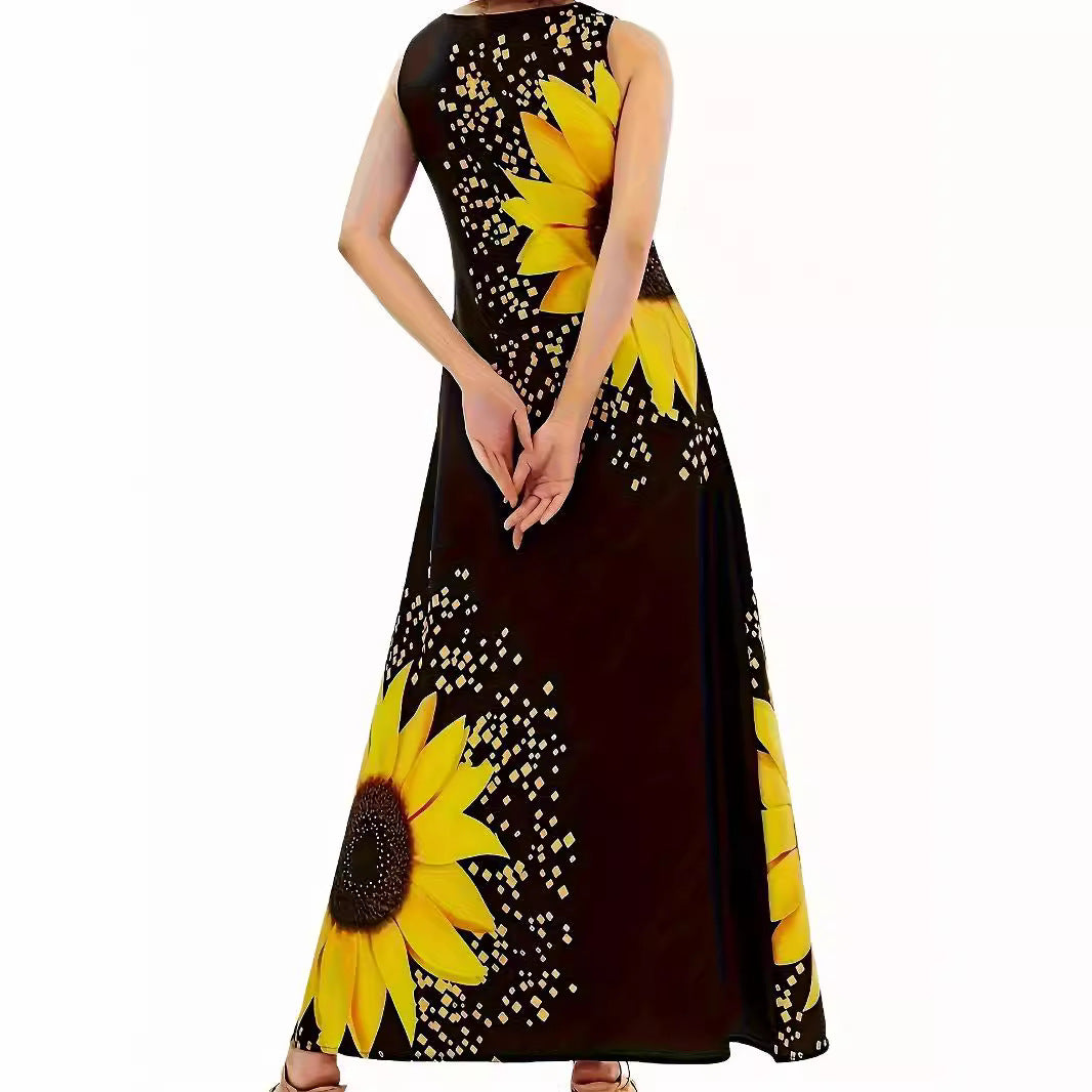 Damen Maxikleid mit floralem Sonnenblumenmuster und raffinierten Taschen R&B