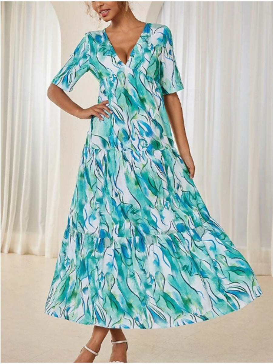 Damen Maxikleid mit voluminösen Rüschen und modischem V-Ausschnitt R&B