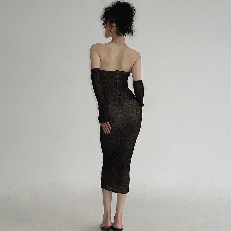 Damen figurbetontes Spitzenkleid mit schulterfreien Ärmeln und elegantem Design R&B