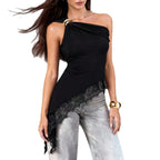 Damen nan tailliertes Ein-Schulter-Jersey-Top mit Zierring und asymmetrischem Spitzen-Saum R&B