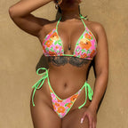 Damen Triangel-Bikini mit verspielten Blumendruck und einstellbaren Bindändern