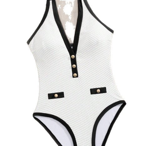 Damen Einteiler Badeanzug mit dekorativem Knopfdesign R&B