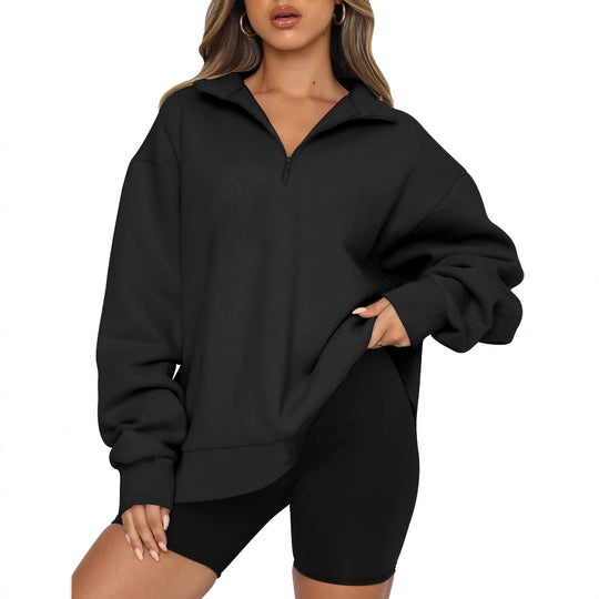 Damen Sportlicher Oversized Pullover mit Reißverschluss und seitlichem Schlitz R&B