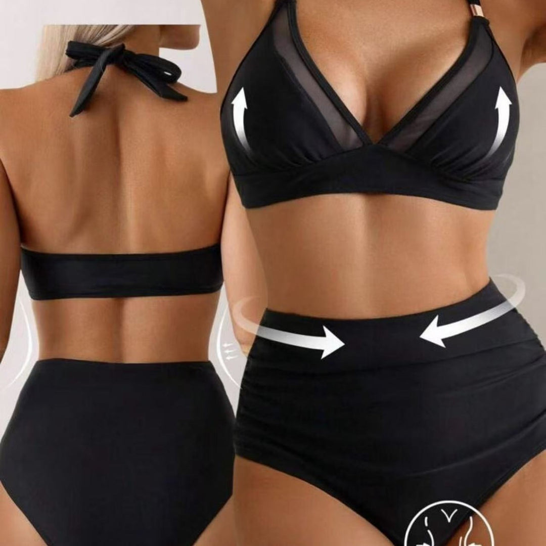 Damen Bikini-Set mit transparenten Einsätzen und hohem Taillenbund R&B