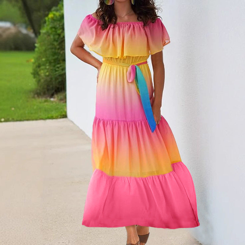 Damen Off-Shoulder Minikleid mit Farbverlauf und Taillengürtel R&B