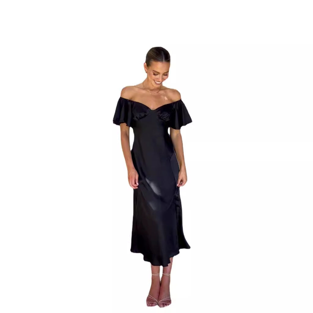Damen elegantes Off-Shoulder Maxikleid mit seitlichem Schlitz und luftigen Rüschendetails R&B