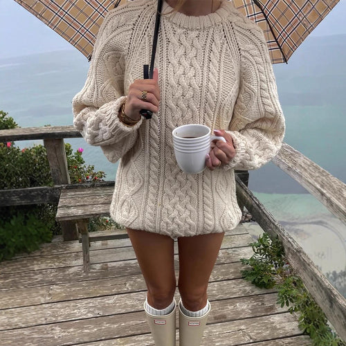Damen Strickpullover mit Zopfmuster und weiten Ärmeln R&B