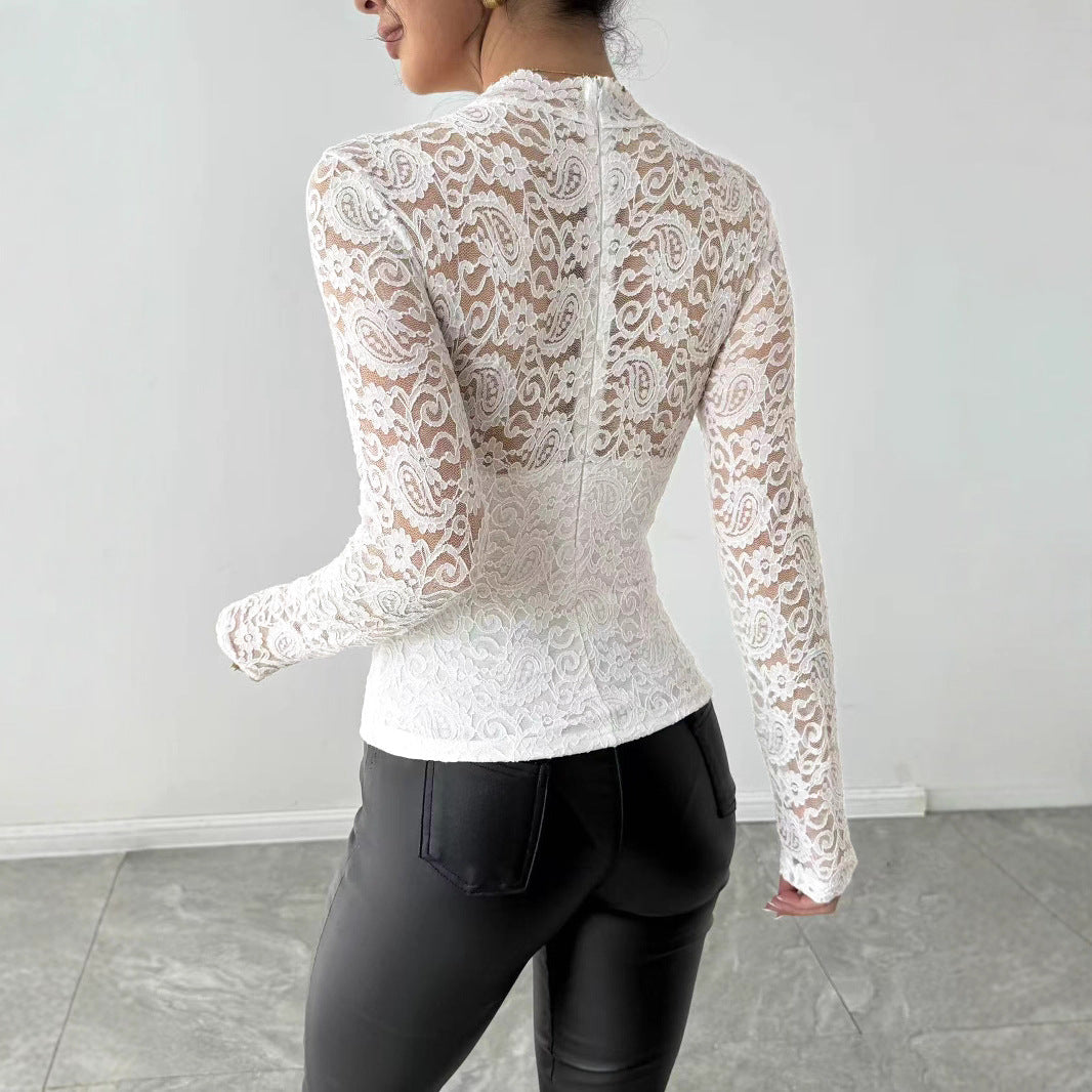 Damen Spitzenshirt mit elegantem hohem Kragen und langem Arm R&B