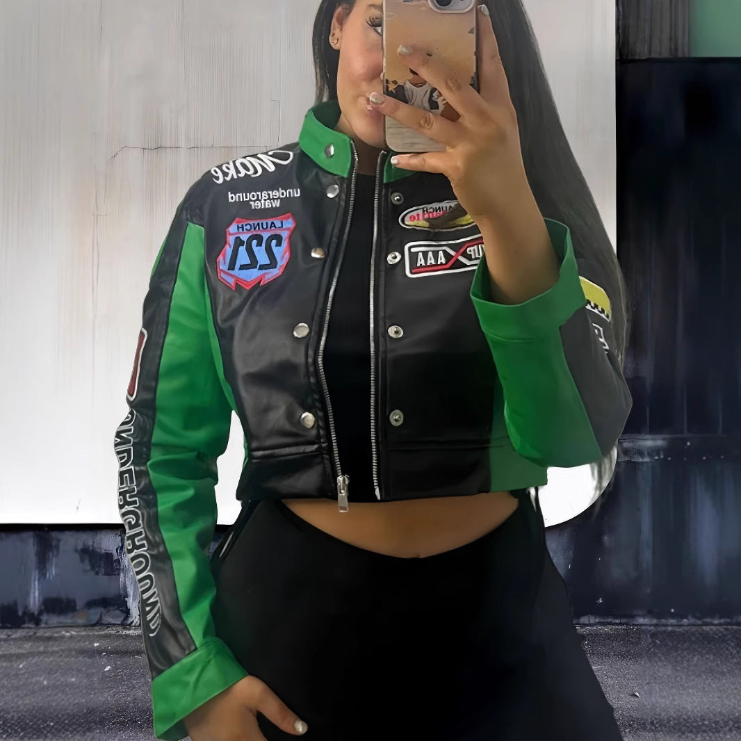 Damen trendige cropped Bikerjacke mit sportlichen Patches R&B