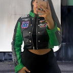 Damen trendige cropped Bikerjacke mit sportlichen Patches R&B