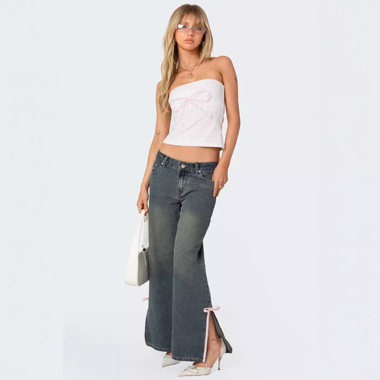 Damen Hohe Taillen Denim-Hose mit modischen Schleifendetails R&B