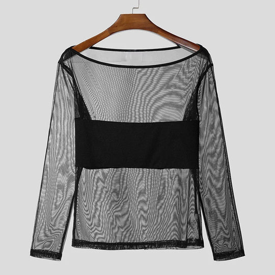 Damen nan transparentes Netz-Langarm-Oberteil mit blickdichtem Brustband und weitem Rundhalsausschnitt R&B