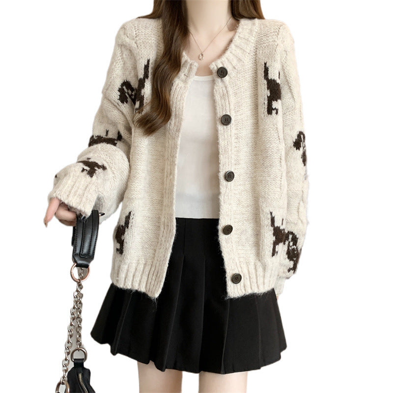 Damen Gemusterter Strickcardigan mit tierischem Motiv und bequemen Oversized-Schnitten R&B