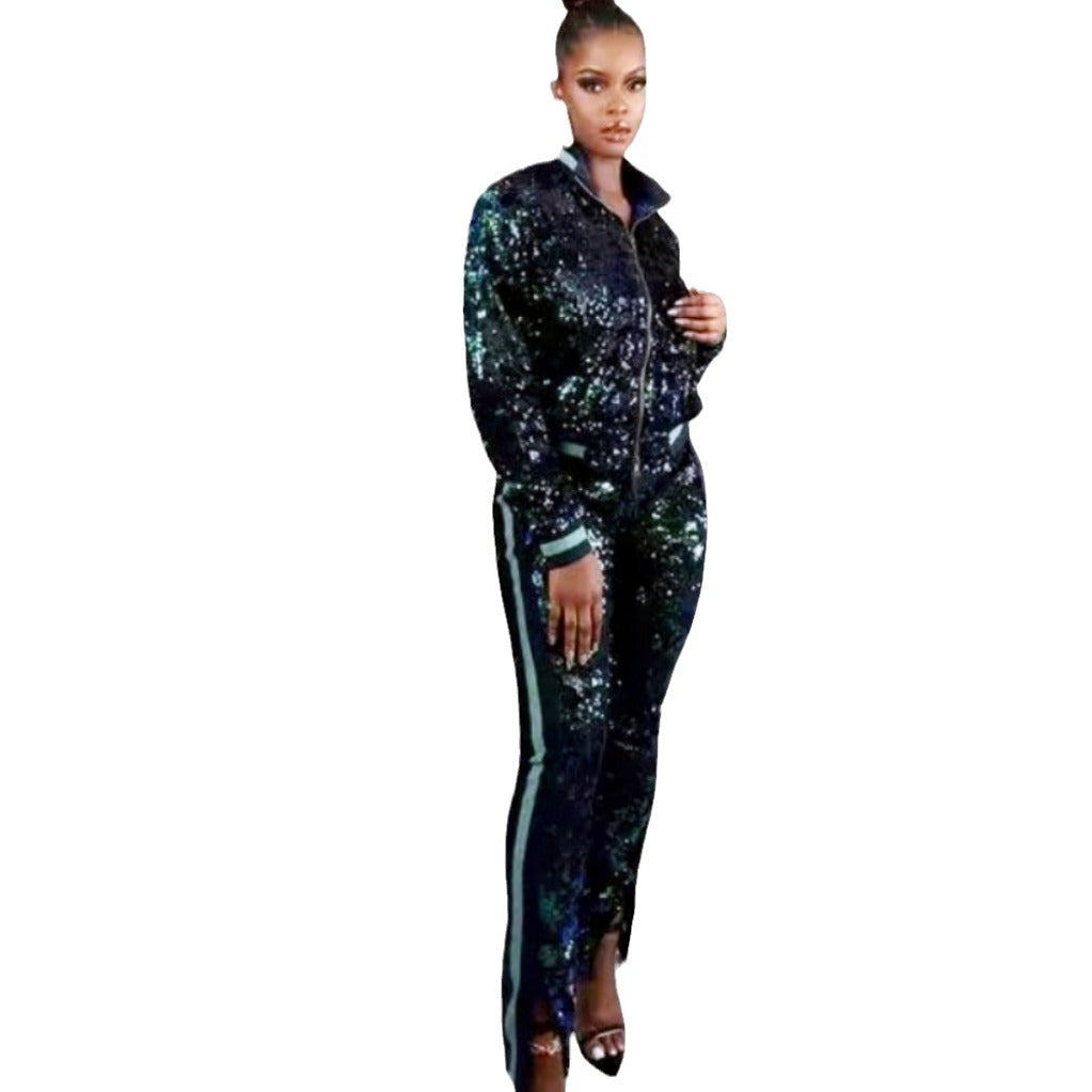 Damen Glitzerndes Sportanzug-Set mit trendigen Streifen R&B
