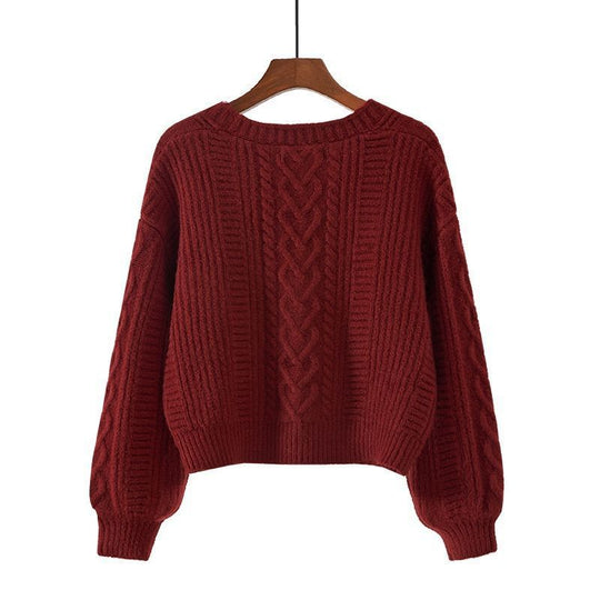 Damen Strickjacke mit ausgefallenem Zopfmuster und tiefem V-Ausschnitt R&B