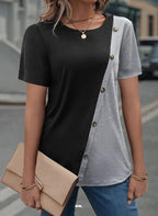 Damen kurzärmliges T-Shirt mit asymmetrischem Design und Knopfdetails R&B