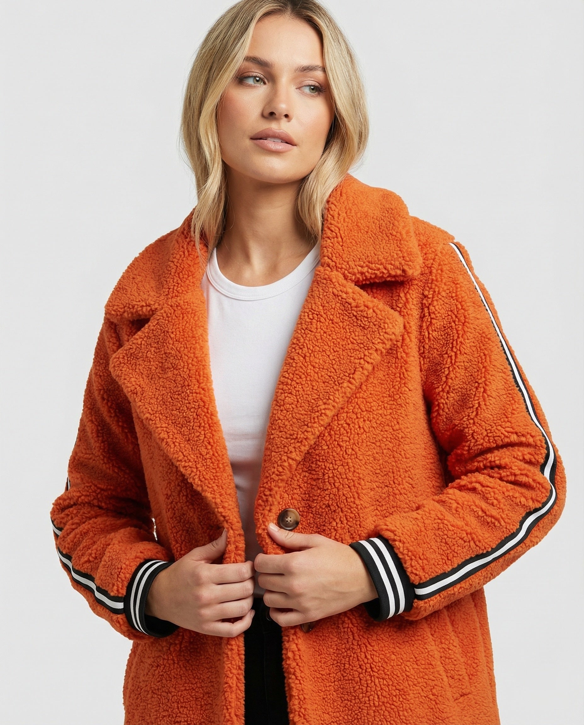 Damen eleganter Teddy-Mantel mit zwei Taschen und sportlichen Streifen R&B
