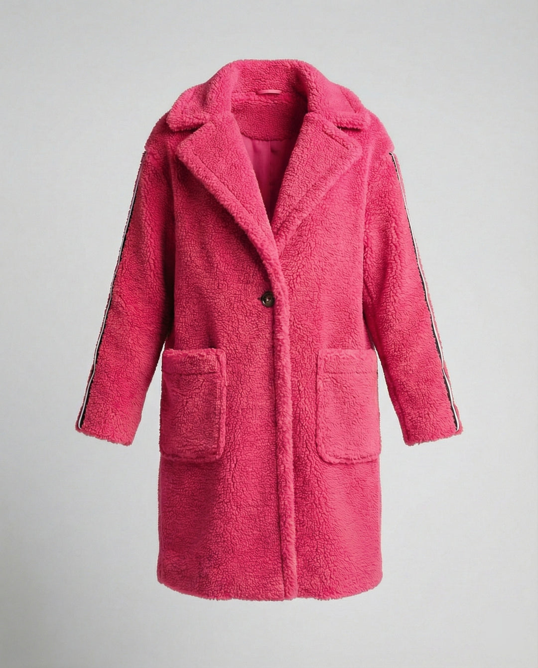 Damen eleganter Teddy-Mantel mit zwei Taschen und sportlichen Streifen R&B